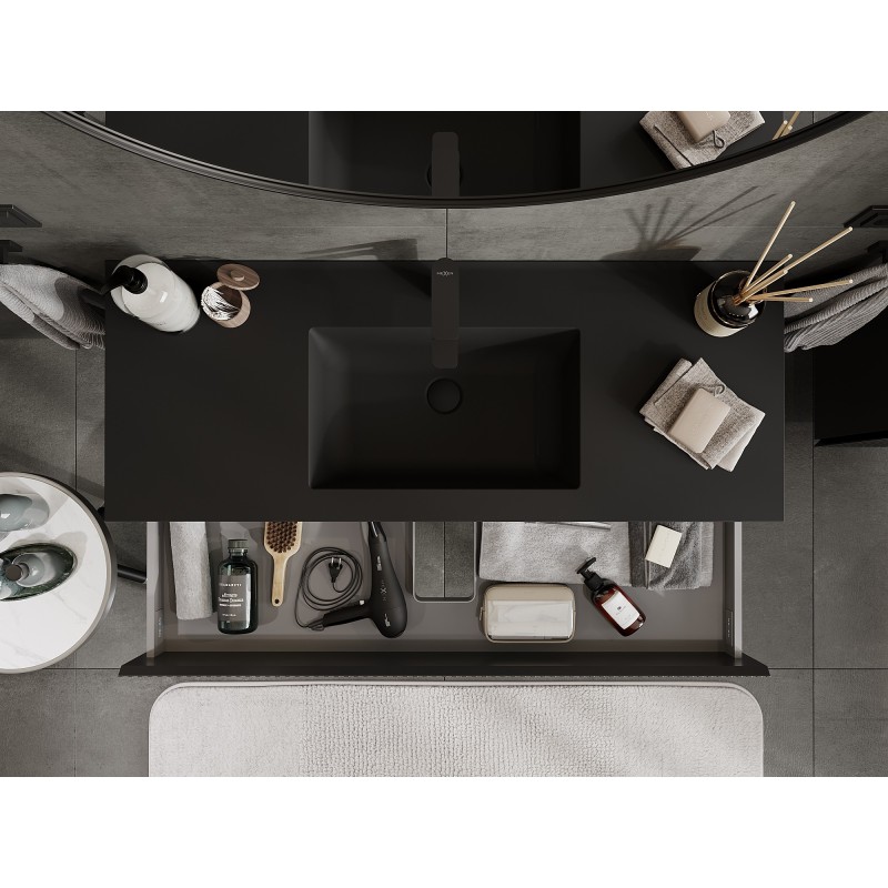 Mexen Rivel kúpeľňová skrinka 120 cm s umývadlom Otis, 2 zásuvky, ryhovaná, čierna mat - 91A20-12047-2-BFF71-W18M71