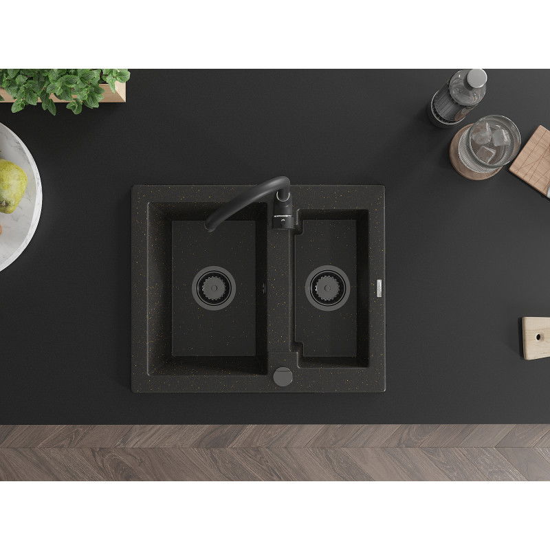 Mexen Carlos žulový drez 1,5-komorový 582 x 475 mm, čierny/zlatý metalik, sifón čierny - 6518581500-75-B