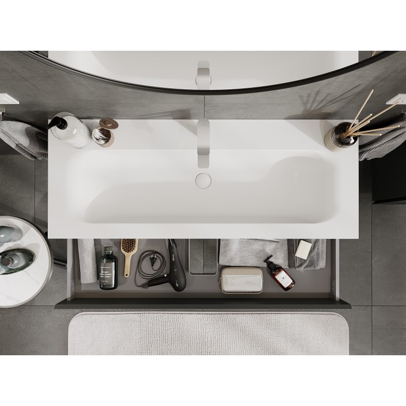 Mexen Rivel kúpeľňová skrinka 120 cm s umývadlom Vela, 2 zásuvky, ryhovaná, grafit mat/biela mat -