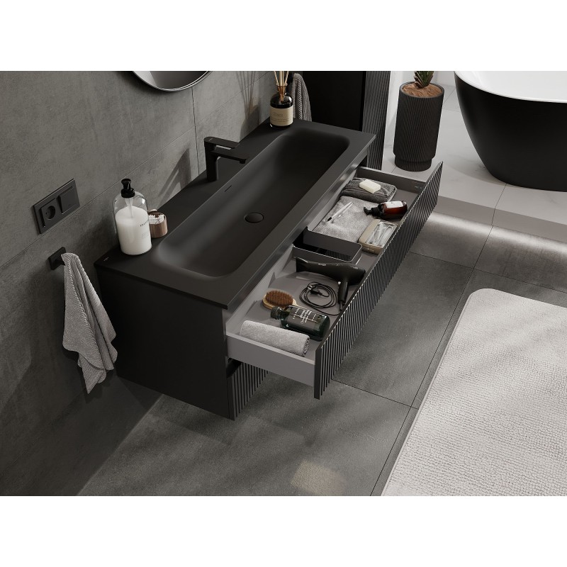 Mexen Rivel kúpeľňová skrinka 120 cm s umývadlom Vela, 2 zásuvky, ryhovaná, čierna matná - 91A20-12047-2-BFF71-W23M71