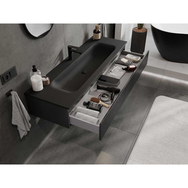 Mexen Rivel kúpeľňová skrinka 140 cm s umývadlom Vela, 1 zásuvka, ryhovaná, čierna matná - 91A20-14023-1-BF71-W23M71