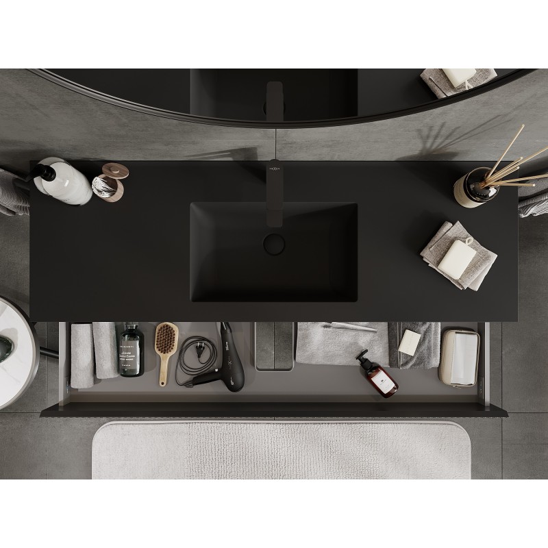 Mexen Rivel kúpeľňová skrinka 140 cm s umývadlom Otis, 2 zásuvky, ryhovaná, čierna matná - 91A20-14047-2-BFF71-W18M71