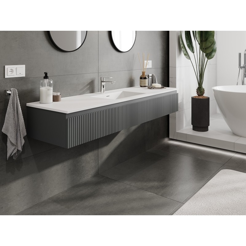 Mexen Rivel kúpeľňová skrinka 160 cm s umývadlom Otis, 1 zásuvka, drážkovaná, grafitová matná/biela matná -