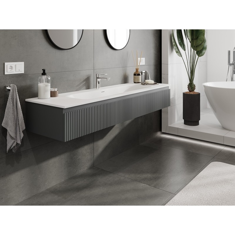 Mexen Rivel kúpeľňová skrinka 160 cm s umývadlom Vela, 1 zásuvka, ryhovaná, grafit mat/biela matná -