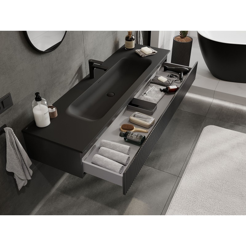 Mexen Rivel kúpeľňová skrinka 160 cm s umývadlom Vela, 1 zásuvka, ryhovaná, čierna matná - 91A20-16023-1-BF71-W23M71