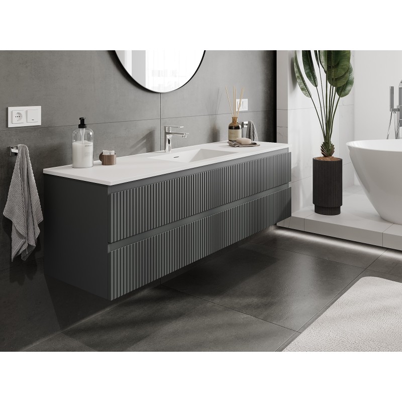 Mexen Rivel kúpeľňová skrinka 160 cm s umývadlom Otis, 2 zásuvky, s rebrovaním, grafitová matná/biela matná -