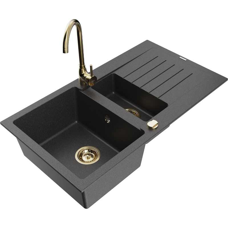 Mexen Matias granitový drez 1,5-komorový s odkvapkávačom a kuchynskou batériou Telma, čierny škvrnitý