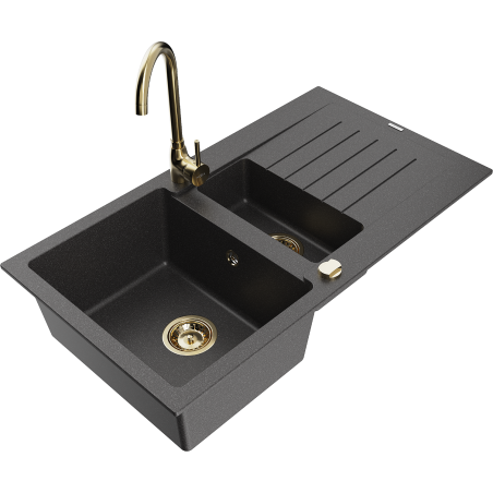 Mexen Matias granitový drez 1,5-komorový s odkvapkávačom a kuchynskou batériou Telma, čierny škvrnitý