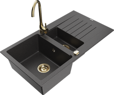 Mexen Matias granitový drez 1,5-komorový s odkvapkávačom a kuchynskou batériou Telma, čierny škvrnitý