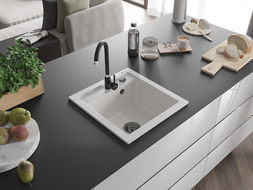 Mexen Vito žulový kuchynský drez 1-komorový s kuchynskou batériou Telma, biely - 6503-20-670200-70