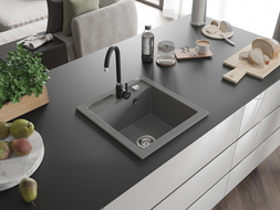 Mexen Vito granitový drez 1-komorový s kuchynskou batériou Telma, sivý - 6503-71-670200-70