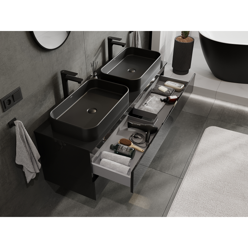 Mexen Orio kúpeľňová skrinka pod umývadlo 140 cm, 2 zásuvky, čierny lesk - 91A10-14047-2-BFF70