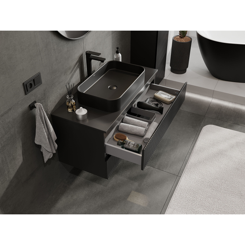 Mexen Rivel kúpeľňová skrinka pod umývadlo 100 cm, 2 zásuvky, ryhovaná, čierna matná - 91A20-10047-2-BFF71