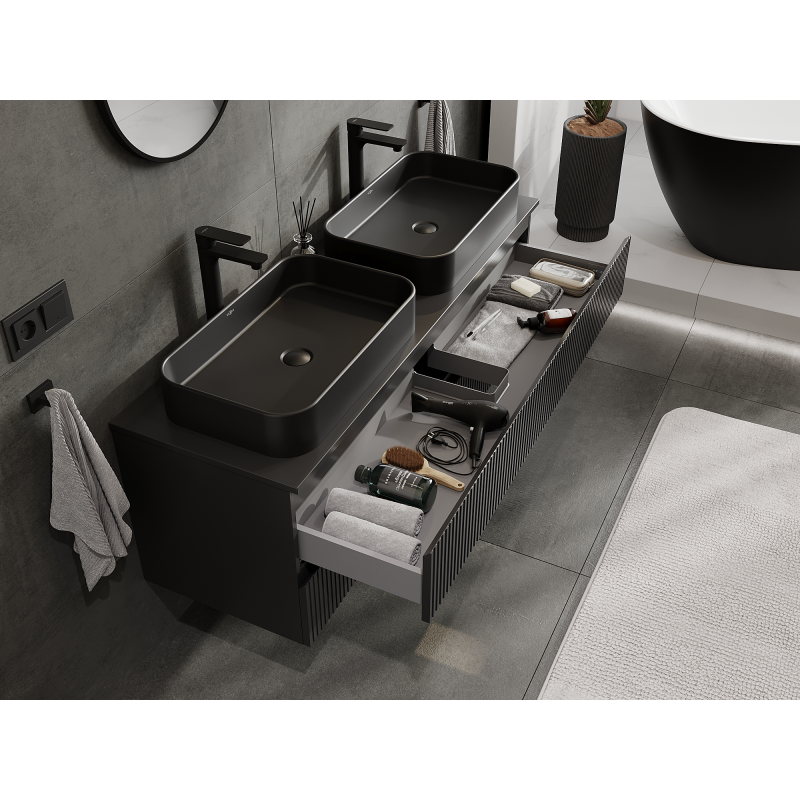 Mexen Rivel kúpeľňová skrinka pod umývadlo 140 cm, 2 zásuvky, drážkovaná, čierna matná - 91A20-14047-2-BFF71