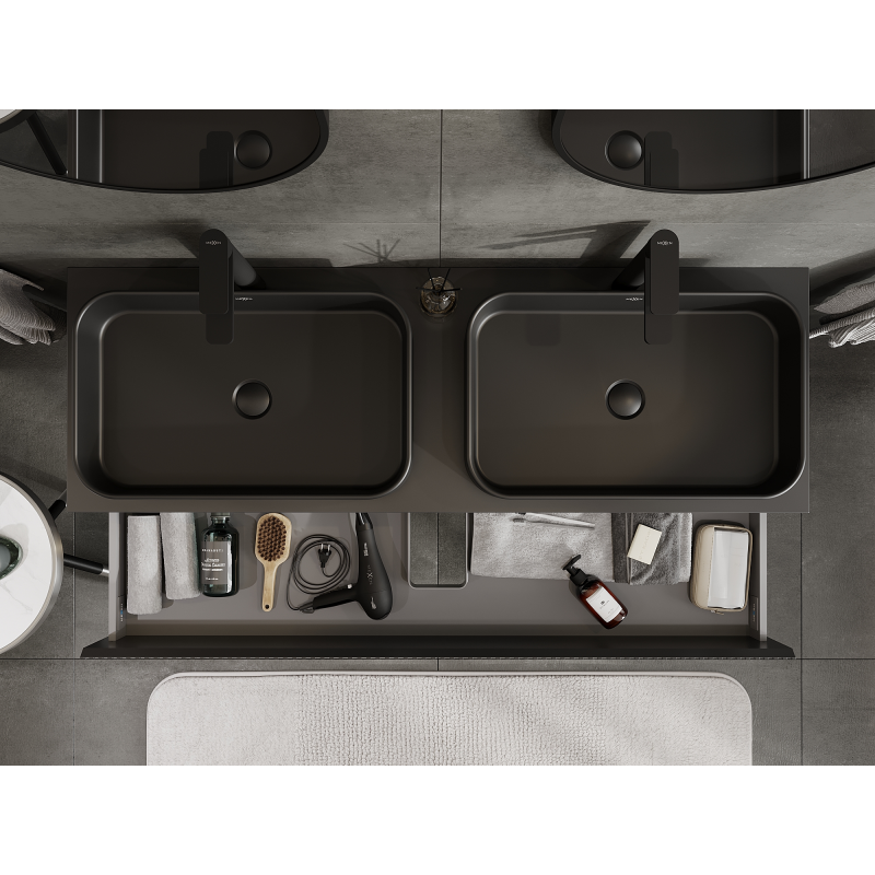 Mexen Rivel kúpeľňová skrinka pod umývadlo 140 cm, 2 zásuvky, drážkovaná, čierna matná - 91A20-14047-2-BFF71