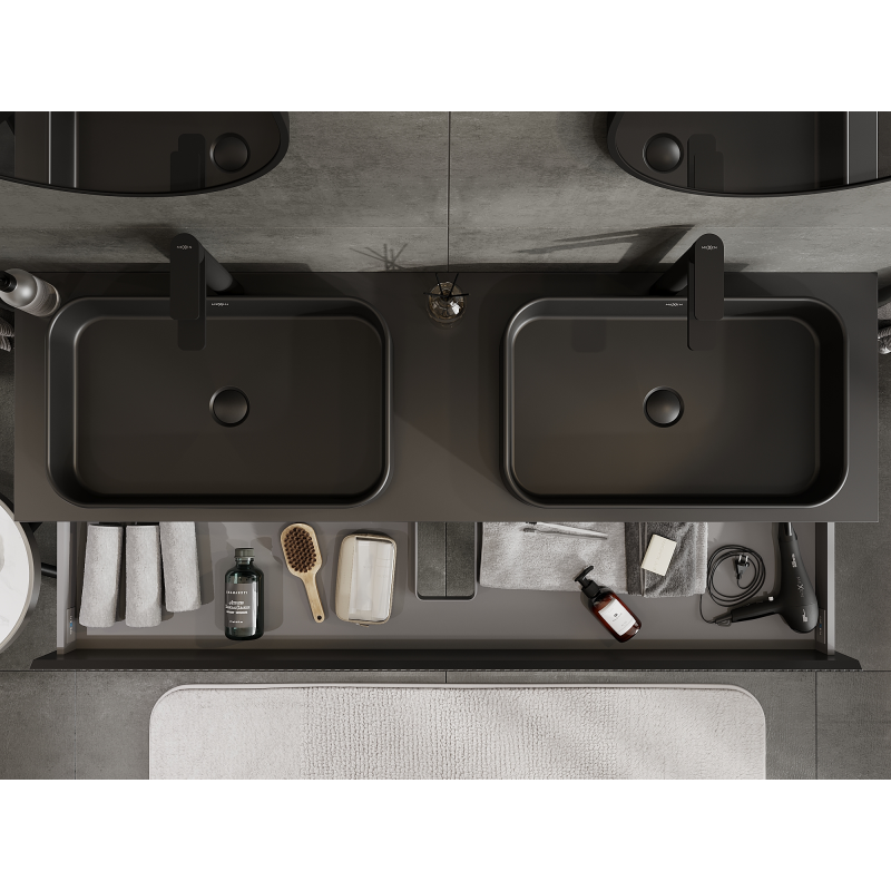 Mexen Rivel kúpeľňová skrinka pod umývadlo 160 cm, 2 zásuvky, ryhovaná, čierny mat - 91A20-16047-2-BFF71