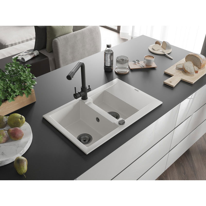 Mexen Gaspar granitový drez 1,5-komorový s odkvapkávačom a kuchynskou batériou Duero, biely - 6507-20-671600-70