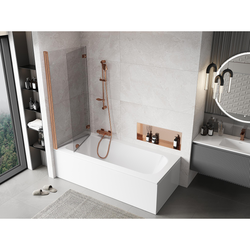 Mexen Mist sprchová zástena, 2-krídlová, ľavá 140 x 150 cm, priehľadná, brúsená meď - 8A9-140-002-65-00-L