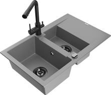 Mexen Gaspar granitový drez 1,5-komorový s odkvapkávačom a kuchynskou batériou Duero, sivá - 6507-71-671600-70-B