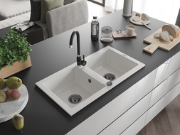 Mexen Mario žulový kuchynský drez 2-komorový s kuchynskou batériou Telma, biely - 6504-20-670200-70