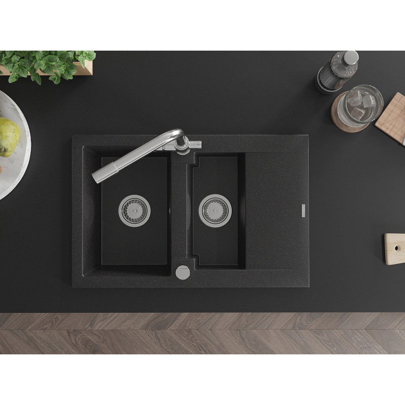 Mexen Gaspar granitový drez 1,5-komorový s odkvapkávačom a kuchynskou batériou Duero, čierny/strieborný - 6507-73-671600-00