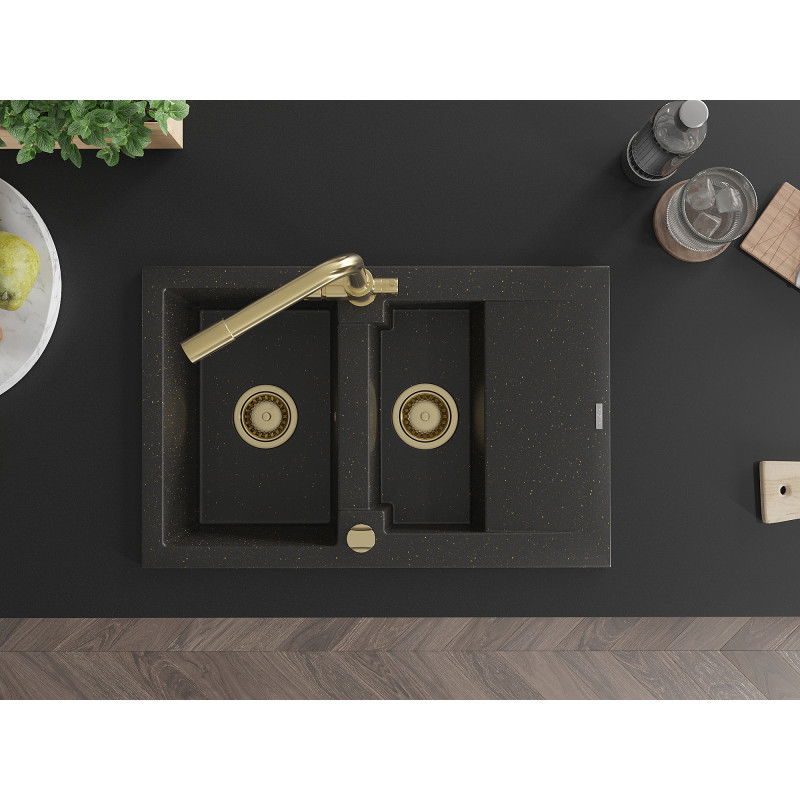 Mexen Gaspar granitový drez 1,5-komorový s odkvapkávačom a kuchynskou batériou Duero, čierny/zlatý metalický