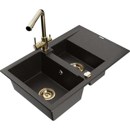 Mexen Gaspar granitový drez 1,5-komorový s odkvapkávačom a kuchynskou batériou Duero, čierny/zlatý metalický