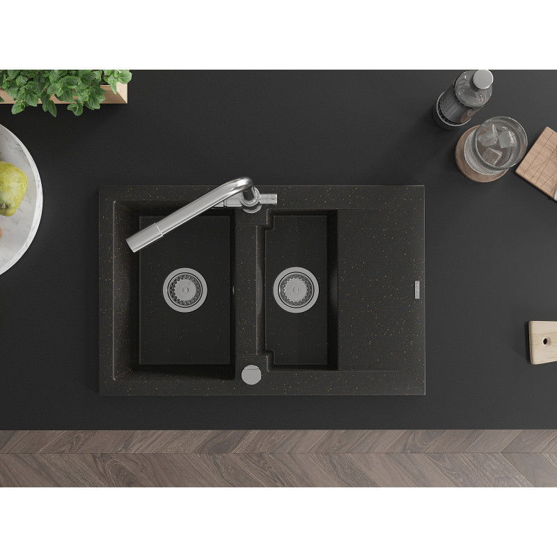 Mexen Gaspar granitový drez 1,5-komorový s odkvapkávačom a kuchynskou batériou Duero, čierny/zlatý metalik - 6507-75-671600-00
