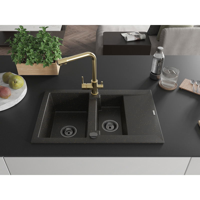 Mexen Gaspar žulový drez s 1,5 komorou s odkvapkávacou plochou a kuchynskou batériou Duero, čierna/zlatá - 6507-75-671600-50-B