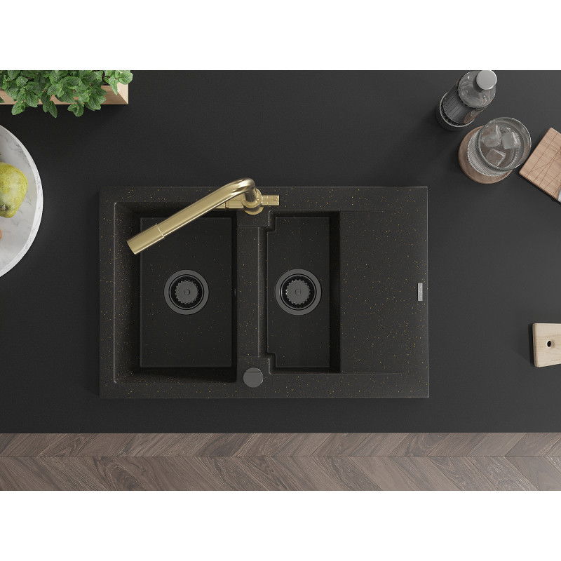 Mexen Gaspar žulový drez s 1,5 komorou s odkvapkávacou plochou a kuchynskou batériou Duero, čierna/zlatá - 6507-75-671600-50-B