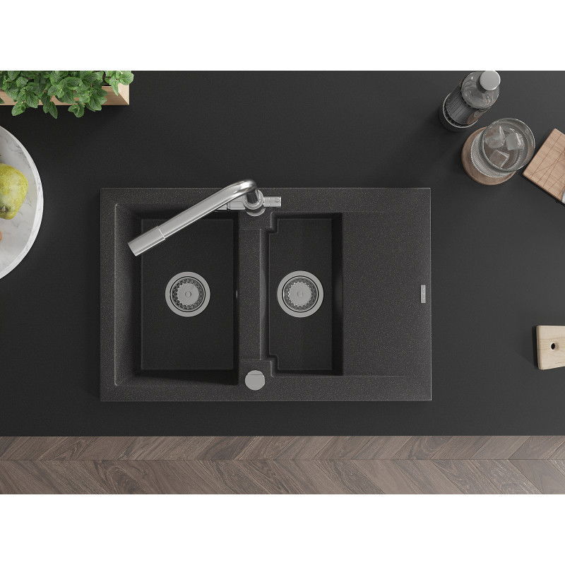 Mexen Gaspar granitový drez 1,5-komorový s odkvapkávačom a kuchynskou batériou Duero, čierny melírovaný - 6507-76-671600-00