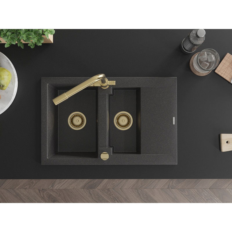 Mexen Gaspar žulový drez 1,5-komorový s odkvapkávačom a kuchynskou batériou Duero, čierny s bodkami - 6507-76-671600-50