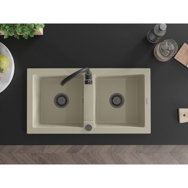 Mexen Mario granitový kuchynský drez 2-komorový s kuchynskou batériou Telma, béžový - 6504-69-670200-70