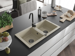 Mexen Mario granitový kuchynský drez 2-komorový s kuchynskou batériou Telma, béžový - 6504-69-670200-70