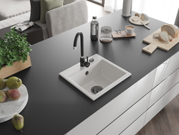 Mexen Milo granitový kuchynský drez s 1 komorou a kuchynskou batériou Telma, biely - 6505-20-670200-70