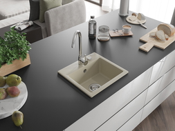 Mexen Milo granitový drez s 1-komorou s kuchynskou batériou Telma, béžový - 6505-69-670200-00