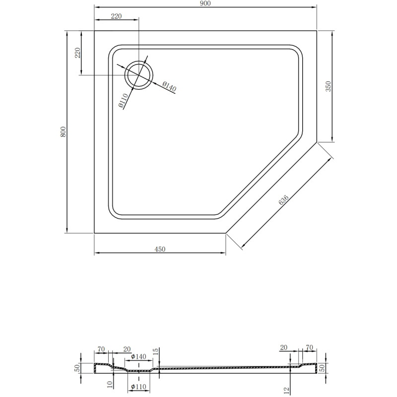 Mexen Flat slim ľavý päťuholníkový sprchový vanička 90 x 80 cm, biela, chróm sifón - 41P108090L