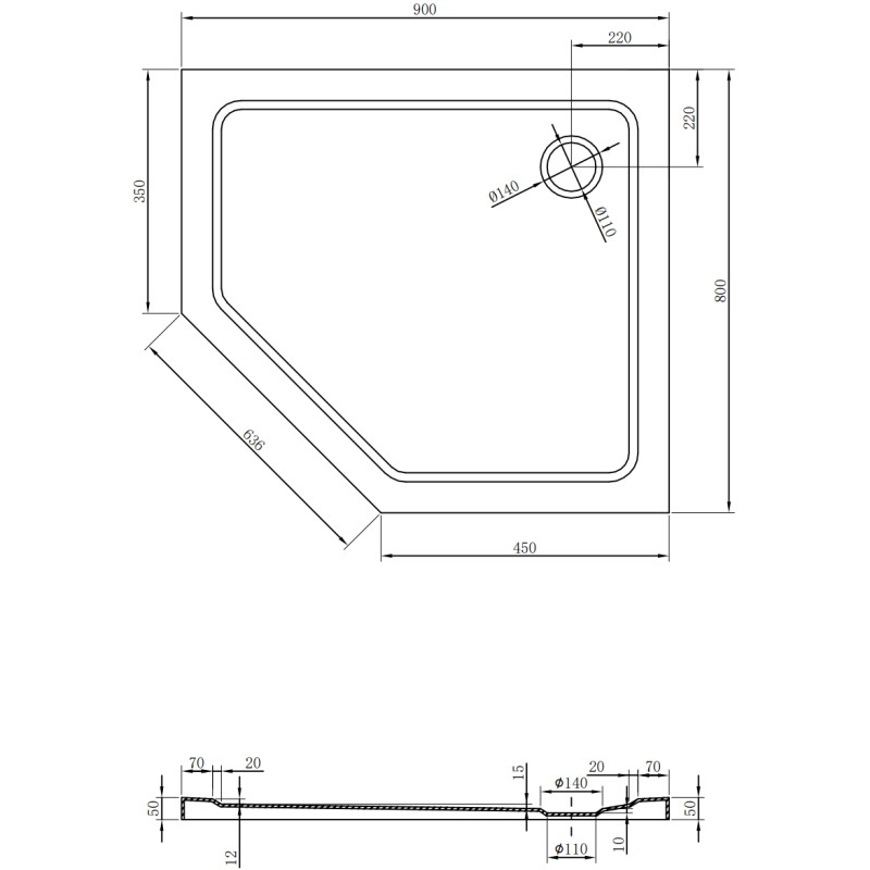 Mexen Flat päťuholníkový sprchový kút slim pravý 90 x 80 cm, biely, sifón chróm - 41P108090R