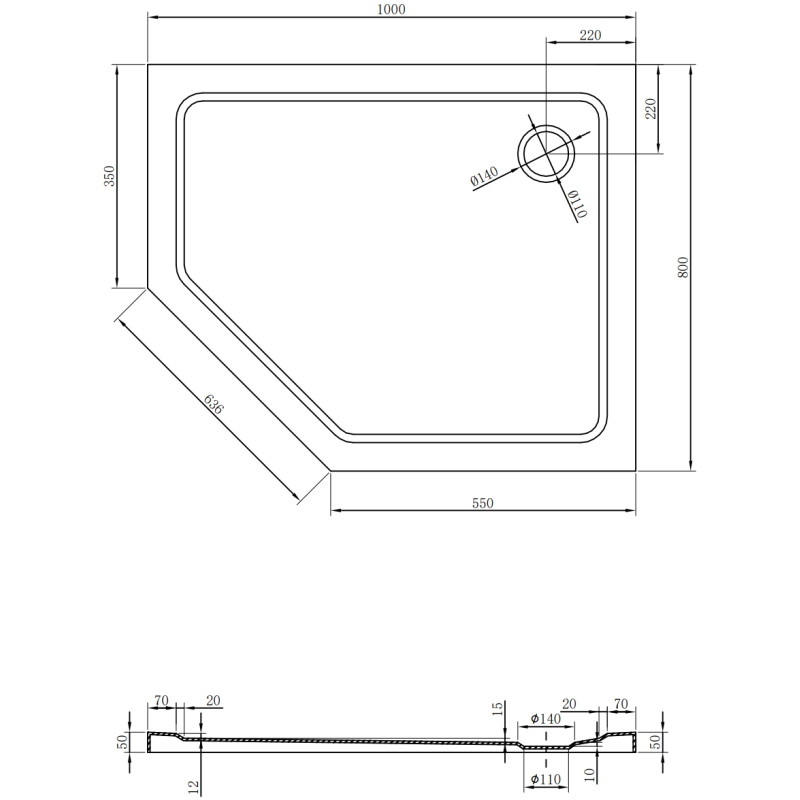 Mexen Flat päťuholníkový sprchový kút slim pravý 100 x 80 cm, biely, chrómový sifón - 41P108010R
