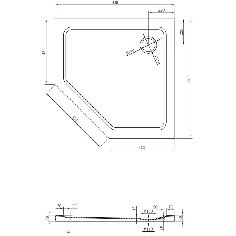 Mexen Flat päťuholníkový sprchový kút slim 90 x 90 cm, čierny, sifón chróm - 41P709090