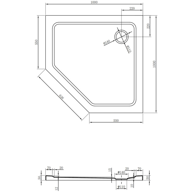 Mexen Flat pentagonálna vanička slim 100 x 100 cm, čierna, sifón chróm - 41P701010