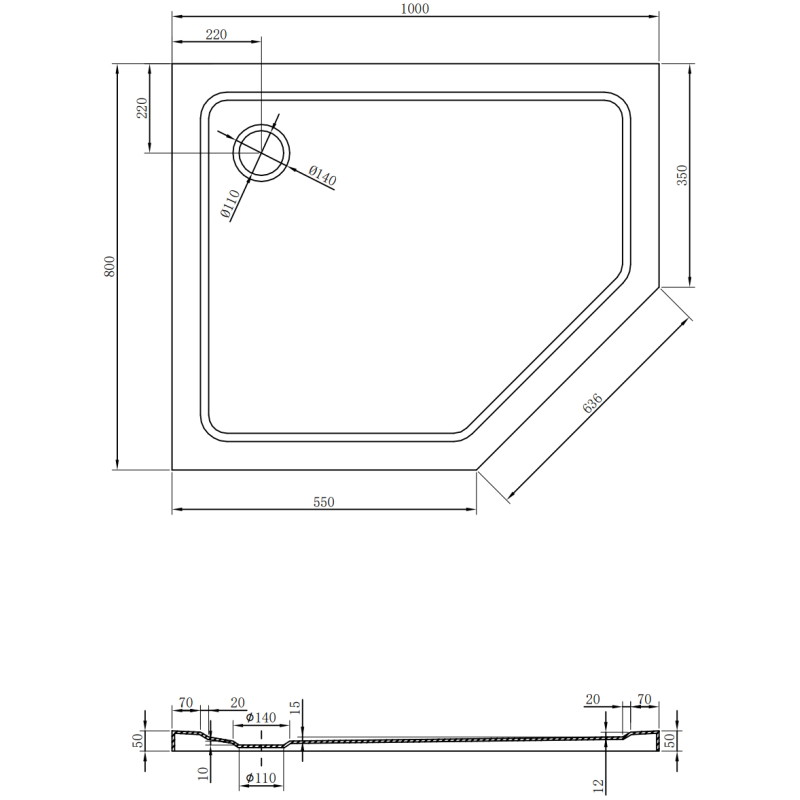 Mexen Flat päťuholníkový sprchový kút slim ľavý 100 x 80 cm, čierny, sifón chróm - 41P708010L