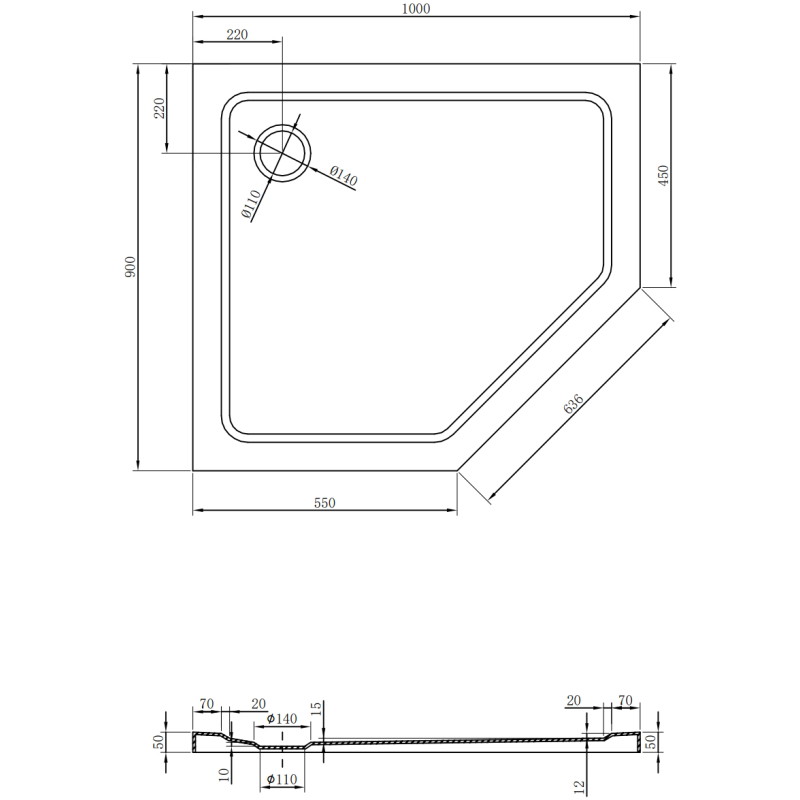 Mexen Flat päťuholníkový sprchový kút slim ľavý 100 x 90 cm, čierny, sifón chróm - 41P709010L