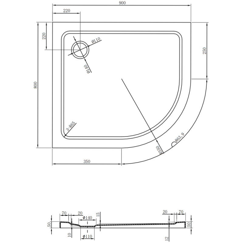 Mexen Flat polkruhová sprchová vanička slim ľavá 90 x 80 cm, biela, sifón chróm - 41108090L