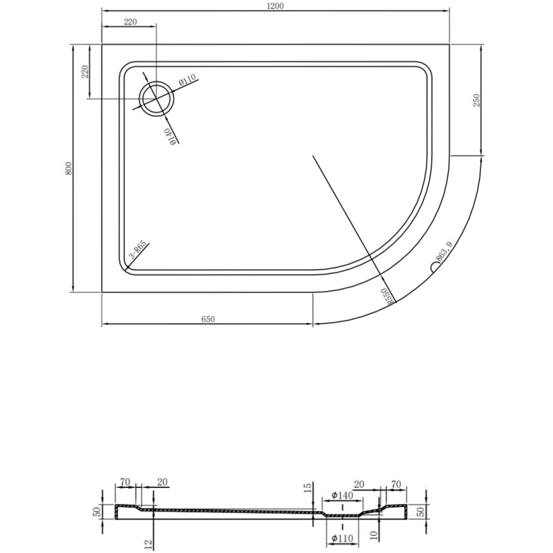 Mexen Flat polokruhový sprchový kút slim ľavý 120 x 80 cm, biely, sifón chróm - 41108012L