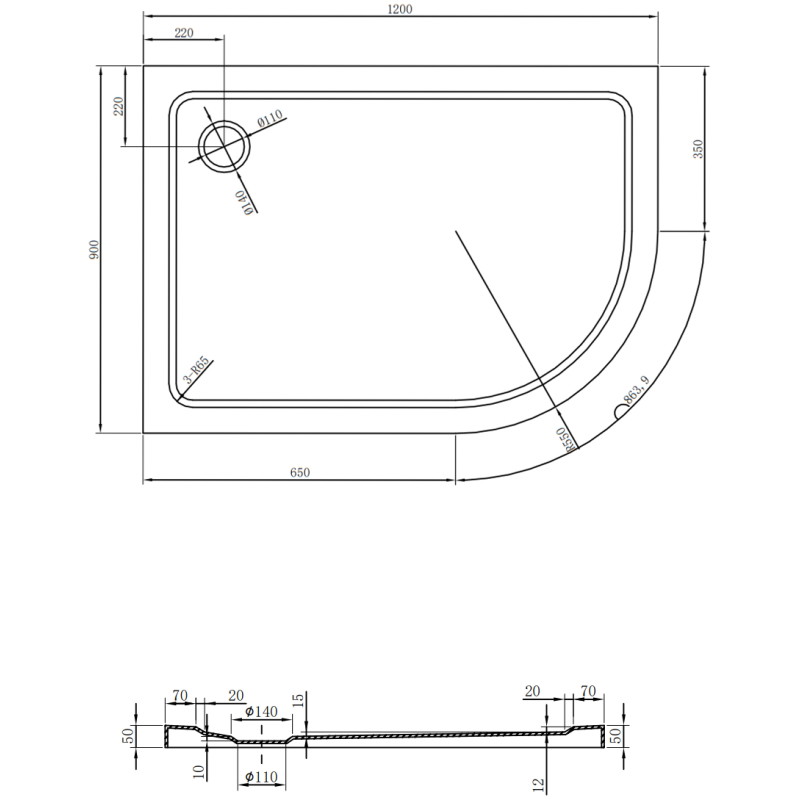 Mexen Flat polokruhový sprchový kút slim ľavý 120 x 90 cm, biely, čierny sifón - 41109012L-B