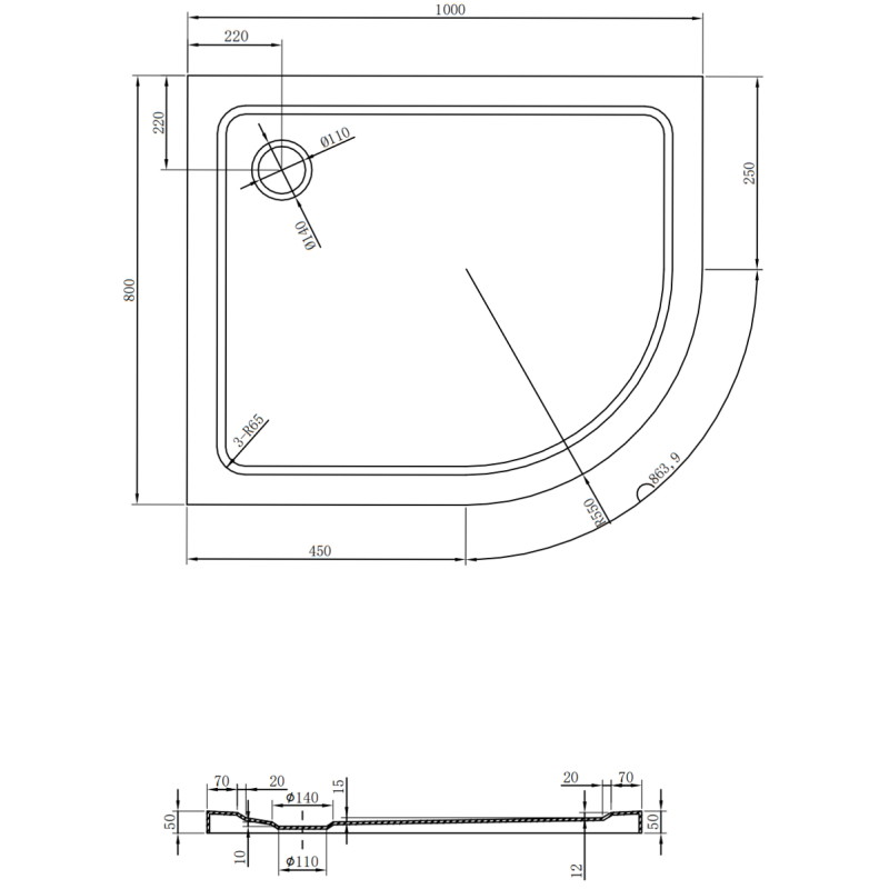 Mexen Flat sprchová vanička polkruhová slim ľavá 100 x 80 cm, čierna, sifón čierny - 41708010L-B