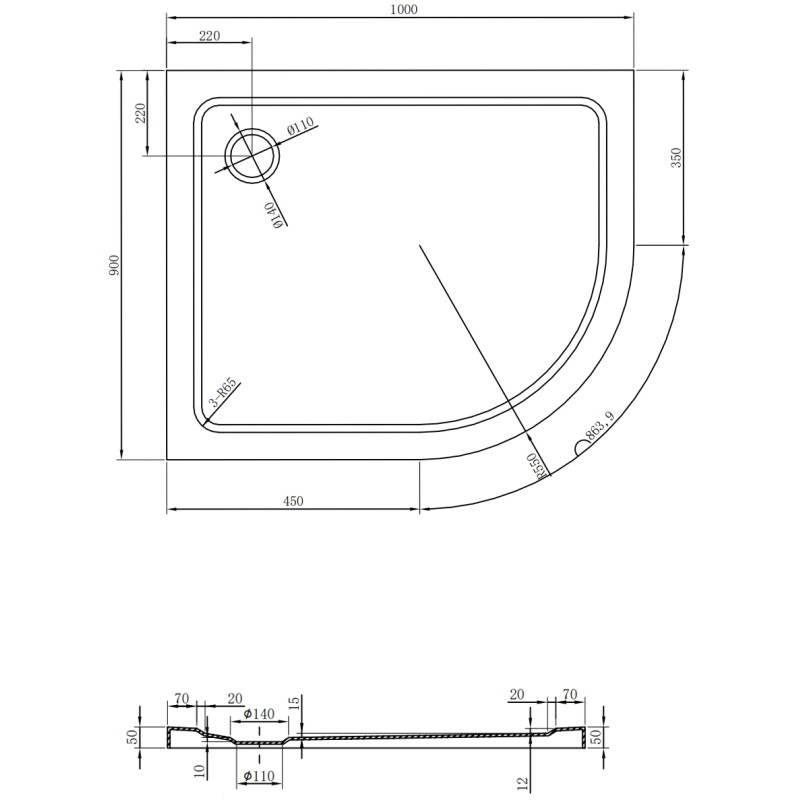 Mexen Flat polkruhový sprchový kút slim ľavý 100 x 90 cm, čierny, sifón čierny - 41709010L-B