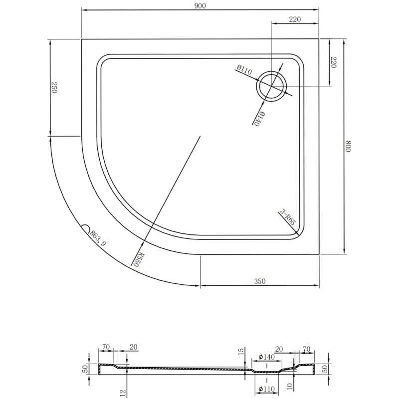 Mexen Flat sprchová vanička polkruhová slim pravá 90 x 80 cm, biela, sifón chróm - 41108090P