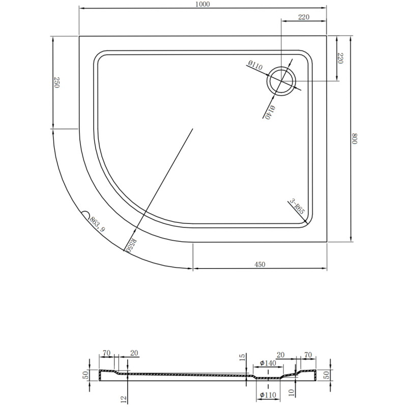 Mexen Flat sprchová vanička polkruhová slim pravá 100 x 80 cm, biela, sifón chróm - 41108010P